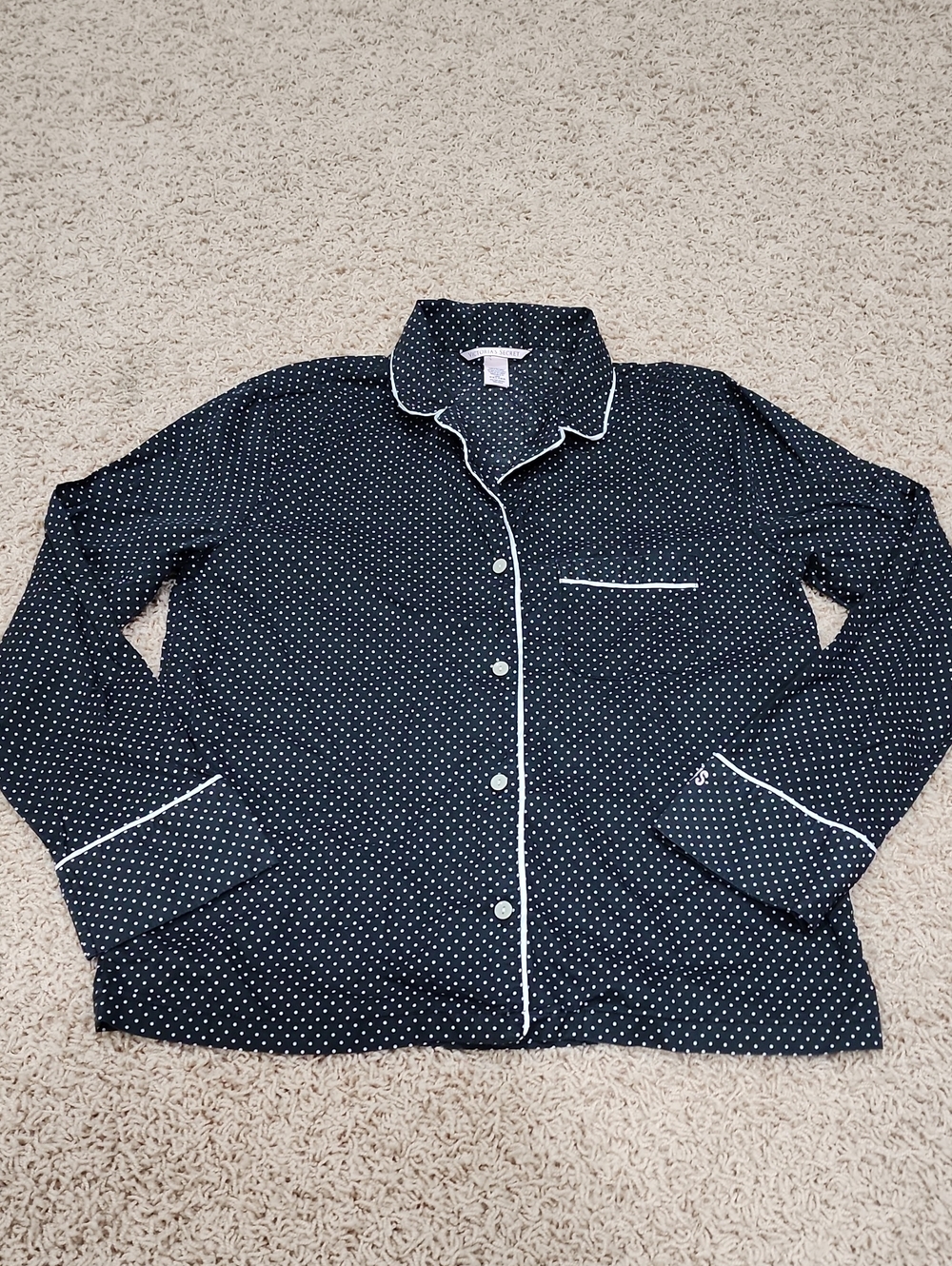 Victoria's Secret Black Polka Dot Pajama Top with White Piping